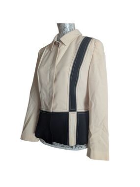 Louis Feraud Cream Black Geometric Color Block Wool Hidden Button Blazer Jacket
